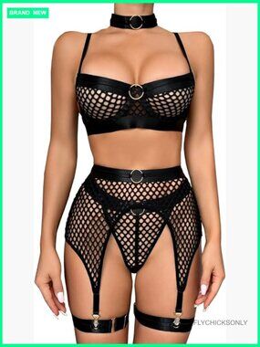 Fishnet Lingerie Mesh Lace Garter Belt Set with Choker for Women Plus Size